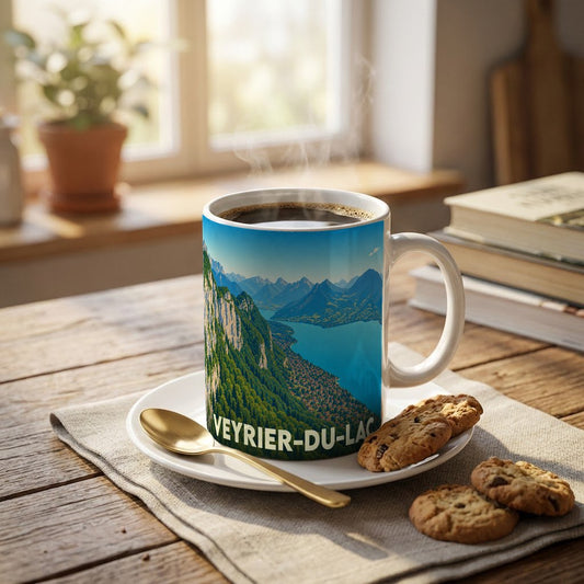 Mug souvenir de la ville de Veyrier-du-Lac orné d'une illustration de paysage alpin.