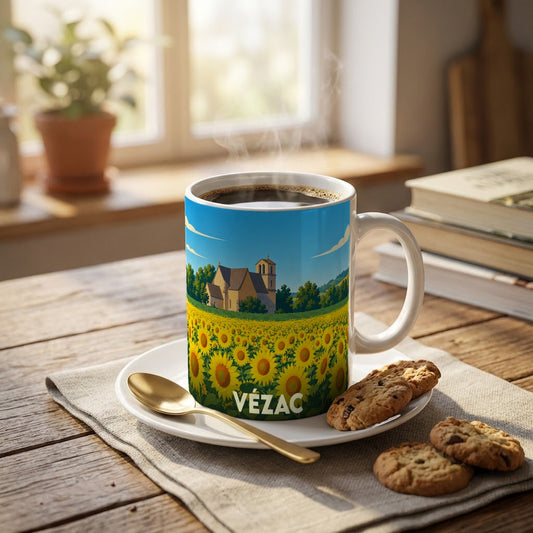 Mug souvenir de la ville de Vézac orné d'une illustration stylisée de champ de tournesols et d'une église.