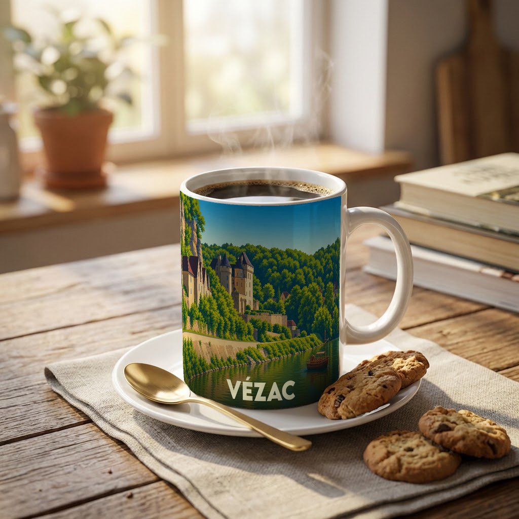 Mug souvenir de la ville de Vézac orné d'une illustration stylisée de son paysage et de son château.