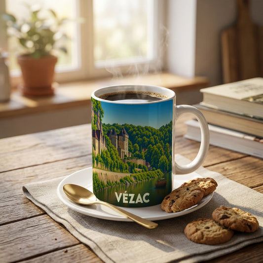 Mug souvenir de la ville de Vézac orné d'une illustration stylisée de son paysage et de son château.