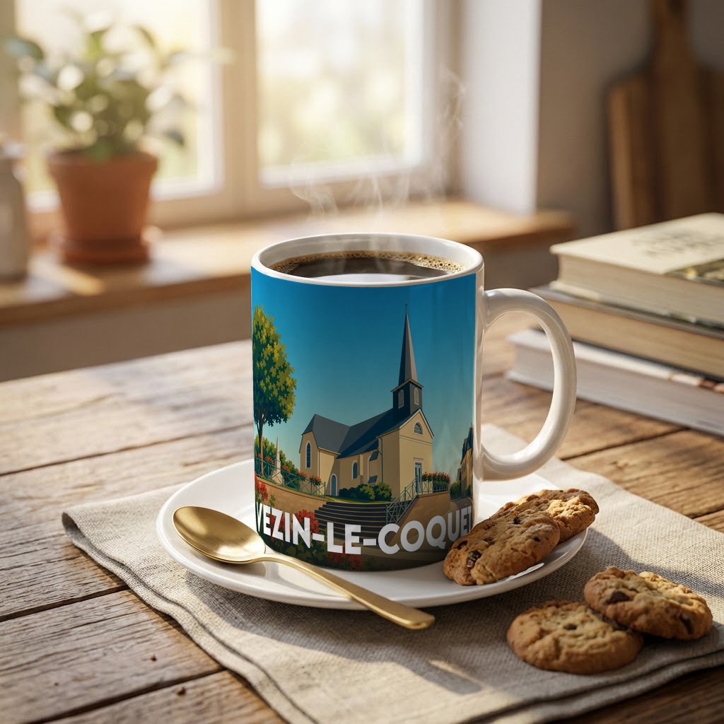 Mug souvenir de la ville de Vezin-le-Coquet avec une illustration stylisée de son église.