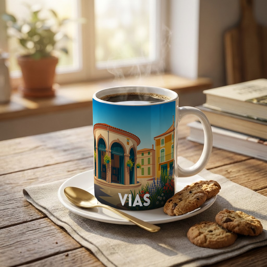 Mug souvenir de la ville de Vias avec une illustration stylisée de ses bâtiments colorés.