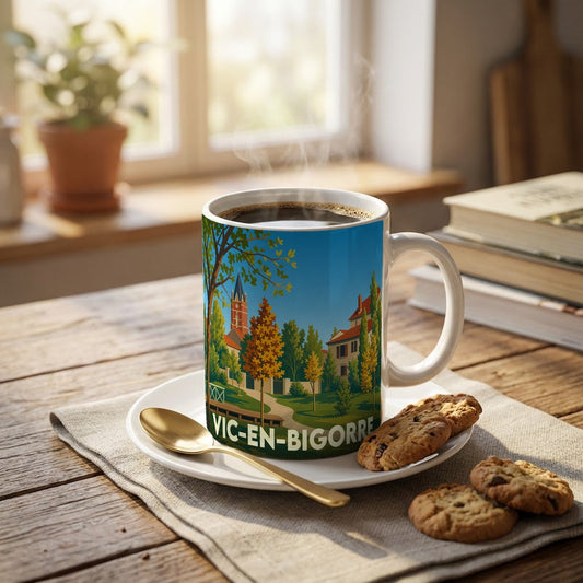 Mug souvenir de la ville de Vic-en-Bigorre orné d'une illustration paysagère stylisée.