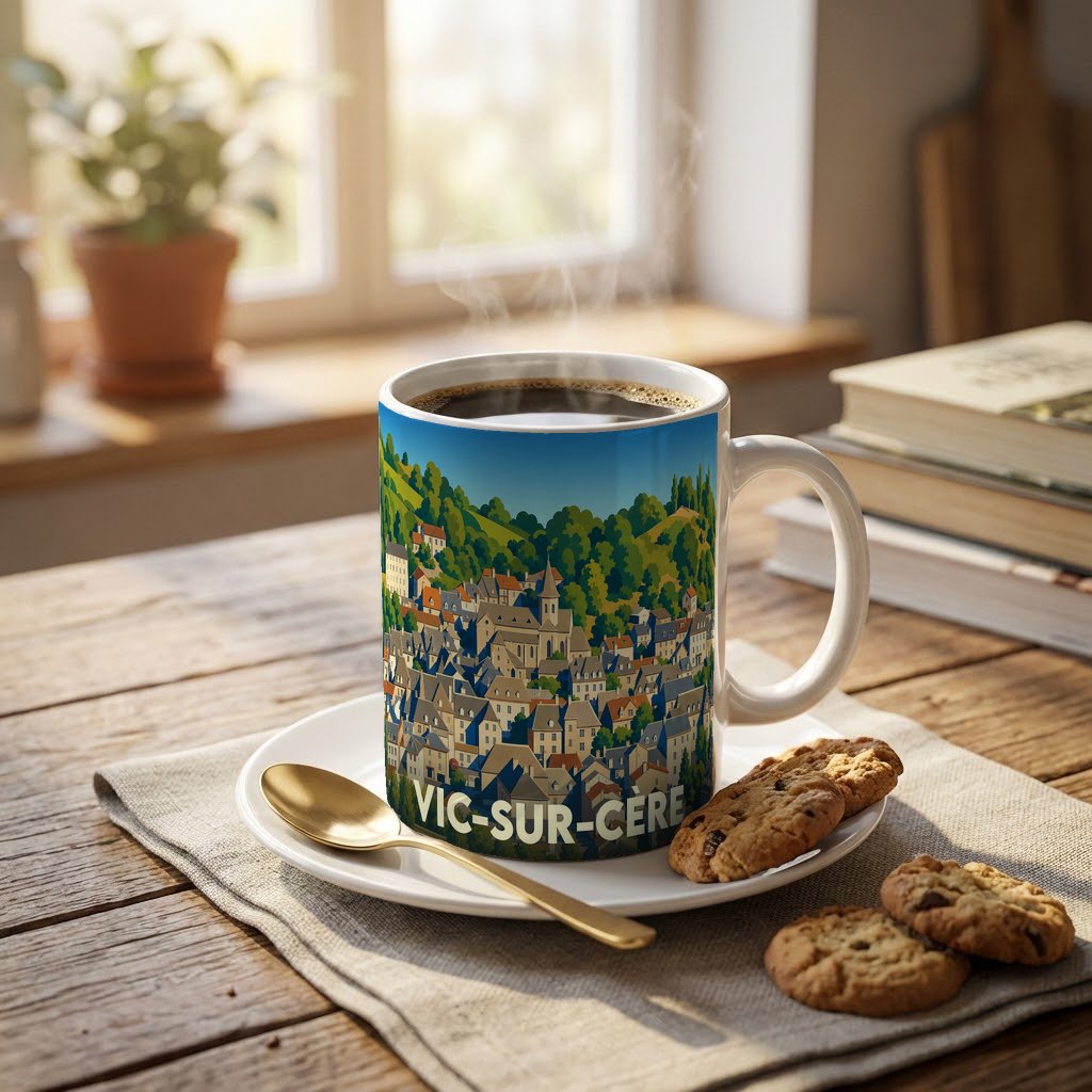Mug souvenir de la ville de Vic-sur-Cère orné d'une illustration stylisée du village et de ses collines.