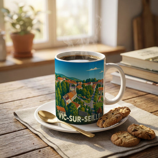 Mug souvenir de la ville de Vic-sur-Seille avec une illustration stylisée de son paysage urbain.