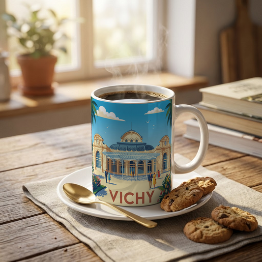 Mug souvenir de la ville de Vichy avec une illustration stylisée.