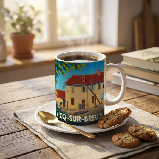 Mug souvenir de la ville de Vicq-sur-Breuilh avec une illustration stylisée d'un bâtiment traditionnel.