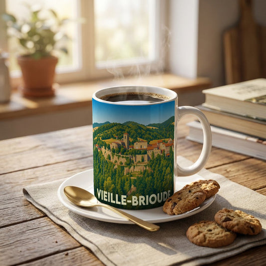 Mug souvenir de la ville de Vieille-Brioude orné d'une illustration paysagère stylisée.