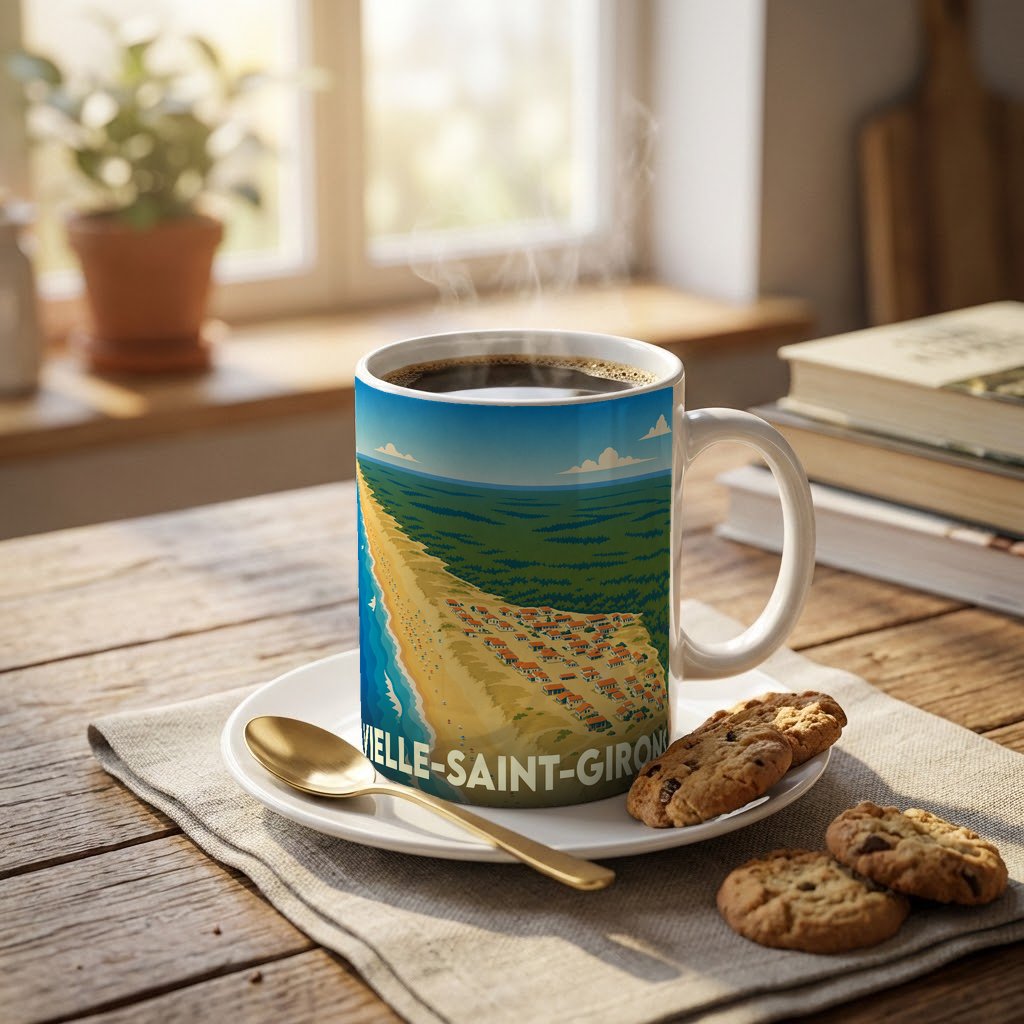 Mug souvenir de la ville de Vielle-Saint-Girons avec une illustration stylisée du littoral landais.