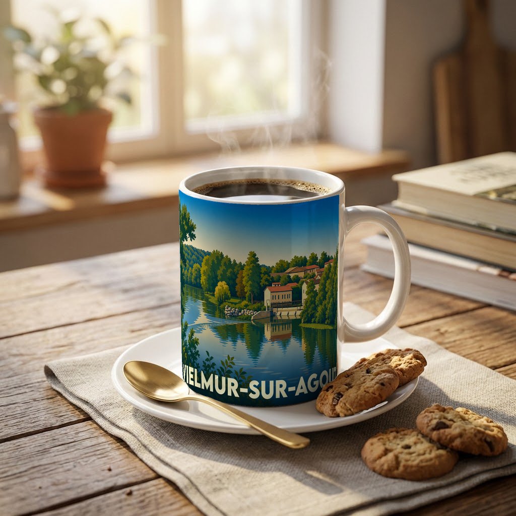 Mug souvenir de la ville de Vielmur-sur-Agout avec une illustration stylisée d'un paysage fluvial.