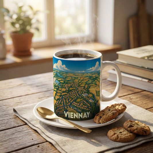 Mug souvenir de la ville de Viennay orné d'une illustration panoramique colorée.