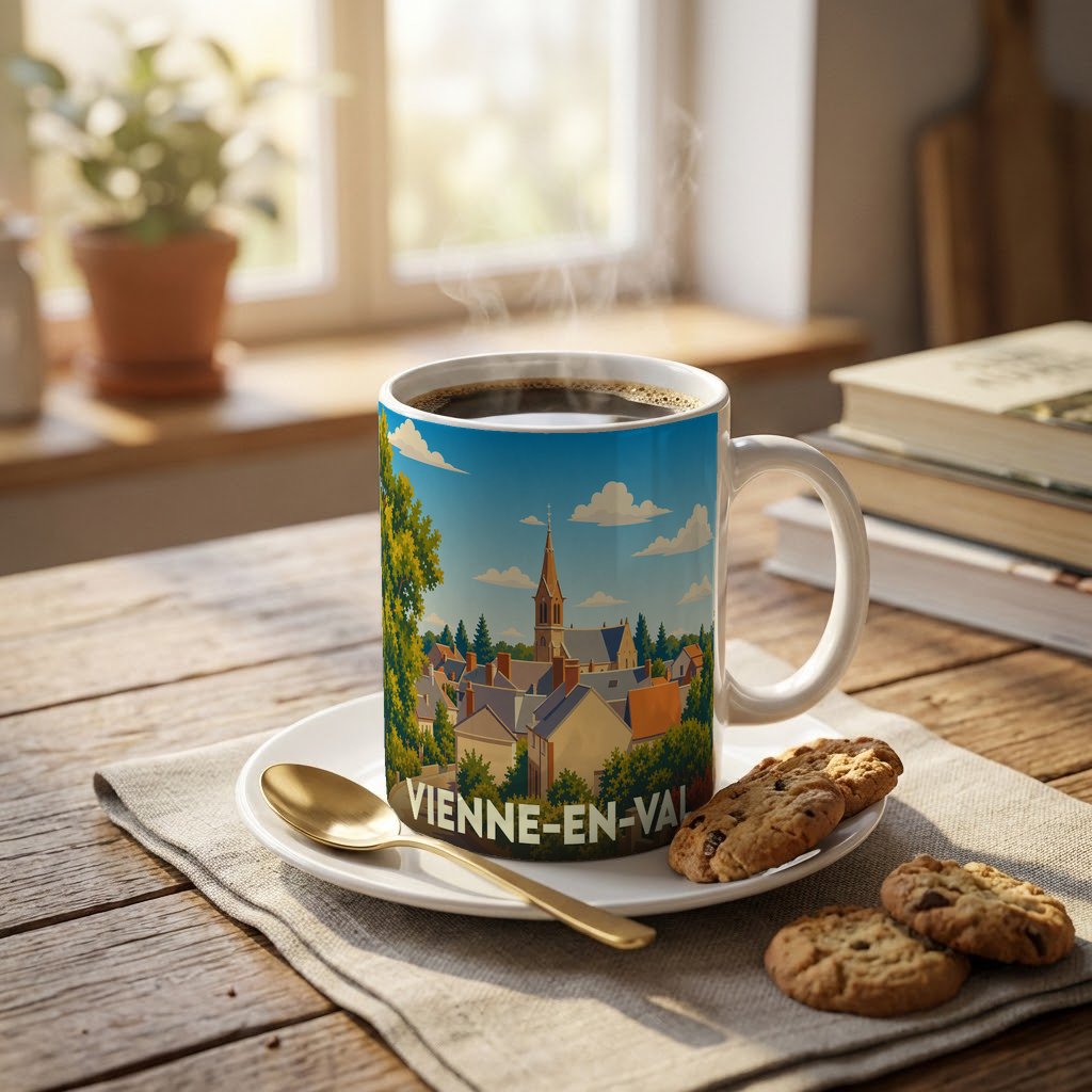 Mug souvenir de la ville de Vienne-en-Val orné d'une illustration stylisée de son paysage urbain.