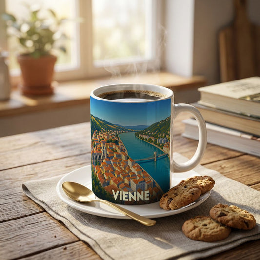 Mug souvenir de la ville de Vienne avec une illustration stylisée des toits et du fleuve.