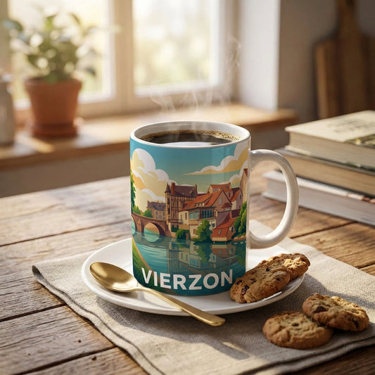 Mug souvenir de la ville de Vierzon avec une illustration stylisée de son paysage urbain au bord de l'eau.