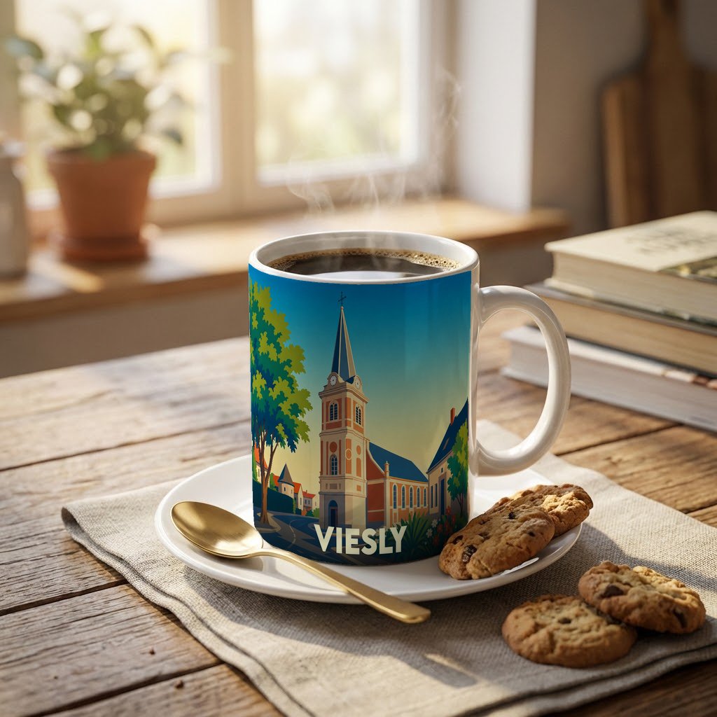Mug souvenir de la ville de Viesly orné d'une illustration stylisée de son église.