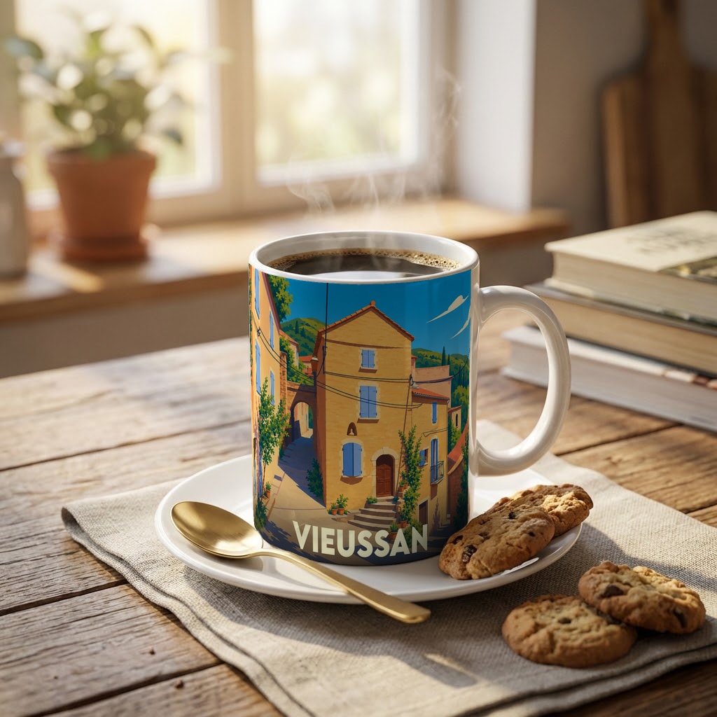 Mug souvenir de la ville de Vieussan orné d'une illustration stylisée d'un village pittoresque.