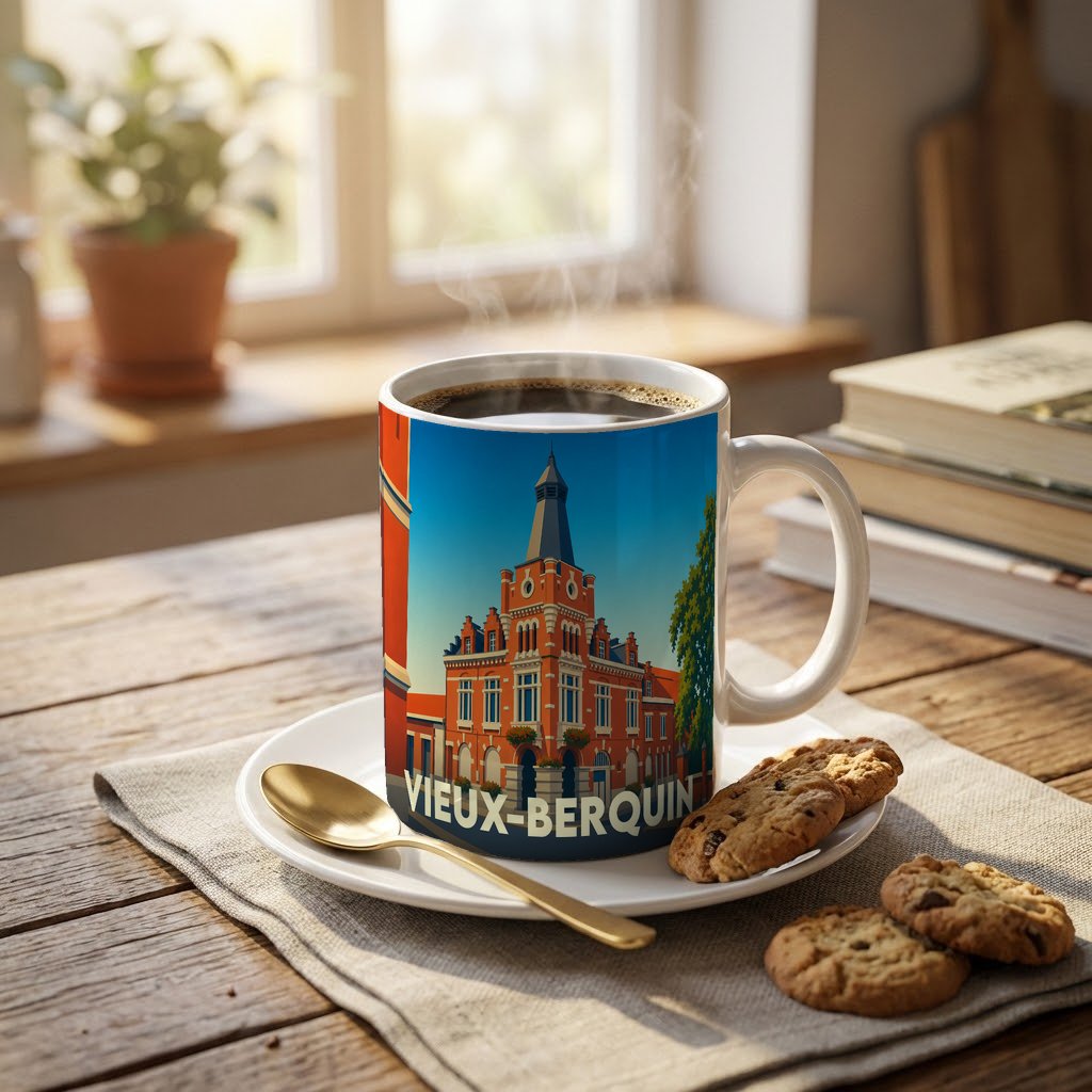 Mug souvenir de la ville de Vieux-Berquin avec une illustration stylisée de l'hôtel de ville.