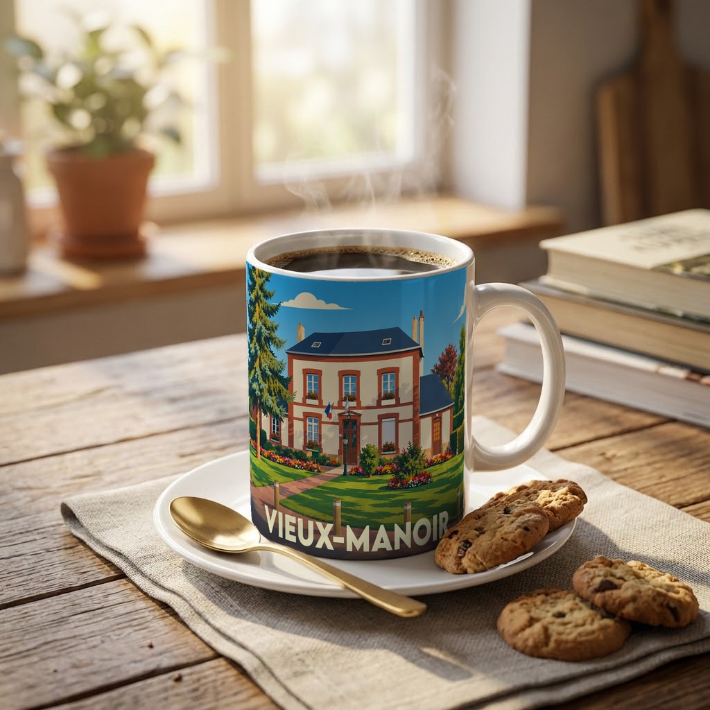 Mug souvenir de la ville de Vieux-Manoir illustré d'un manoir typique et de ses jardins.