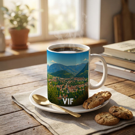 Mug souvenir de la ville de Vif orné d'une illustration panoramique de la commune nichée entre les montagnes.