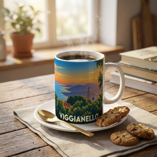 Mug souvenir de la ville de Viggianello orné d'une illustration stylisée de paysage au coucher du soleil.
