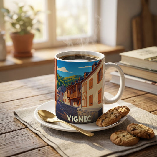 Mug souvenir de la ville de Vignec avec une illustration stylisée d'une rue pittoresque en montagne.
