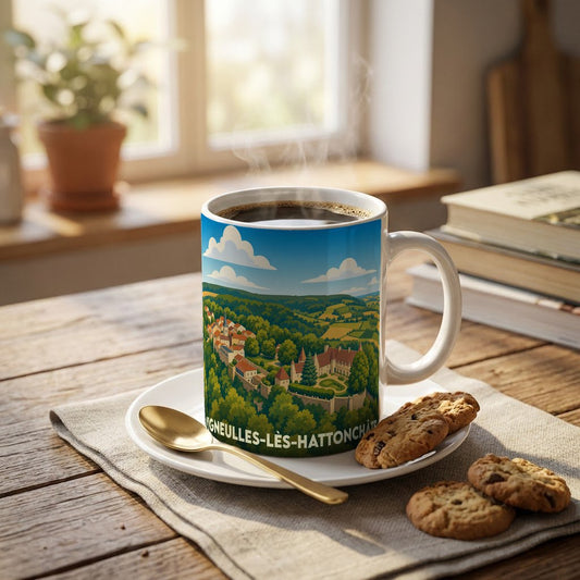 Mug souvenir de Vigneulles-lès-Hattonchâtel illustré d'un paysage de campagne verdoyant.