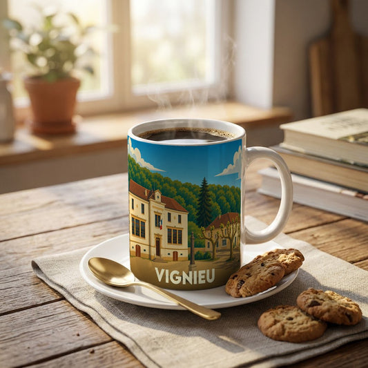 Mug souvenir de la ville de Vignieu orné d'une illustration stylisée de son hôtel de ville.
