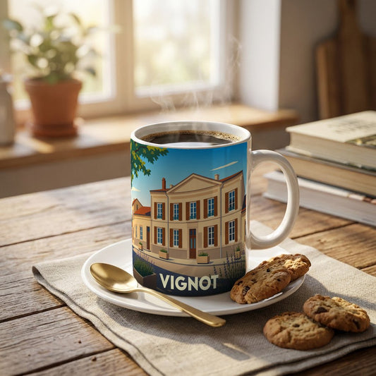 Mug souvenir de la ville de Vignot orné d'une illustration stylisée d'un bâtiment classique.