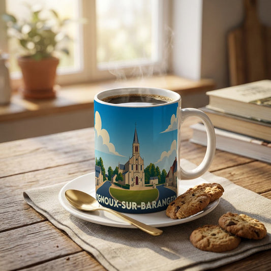 Mug souvenir de la ville de Vignoux-sur-Barangeon avec une illustration stylisée de son église.