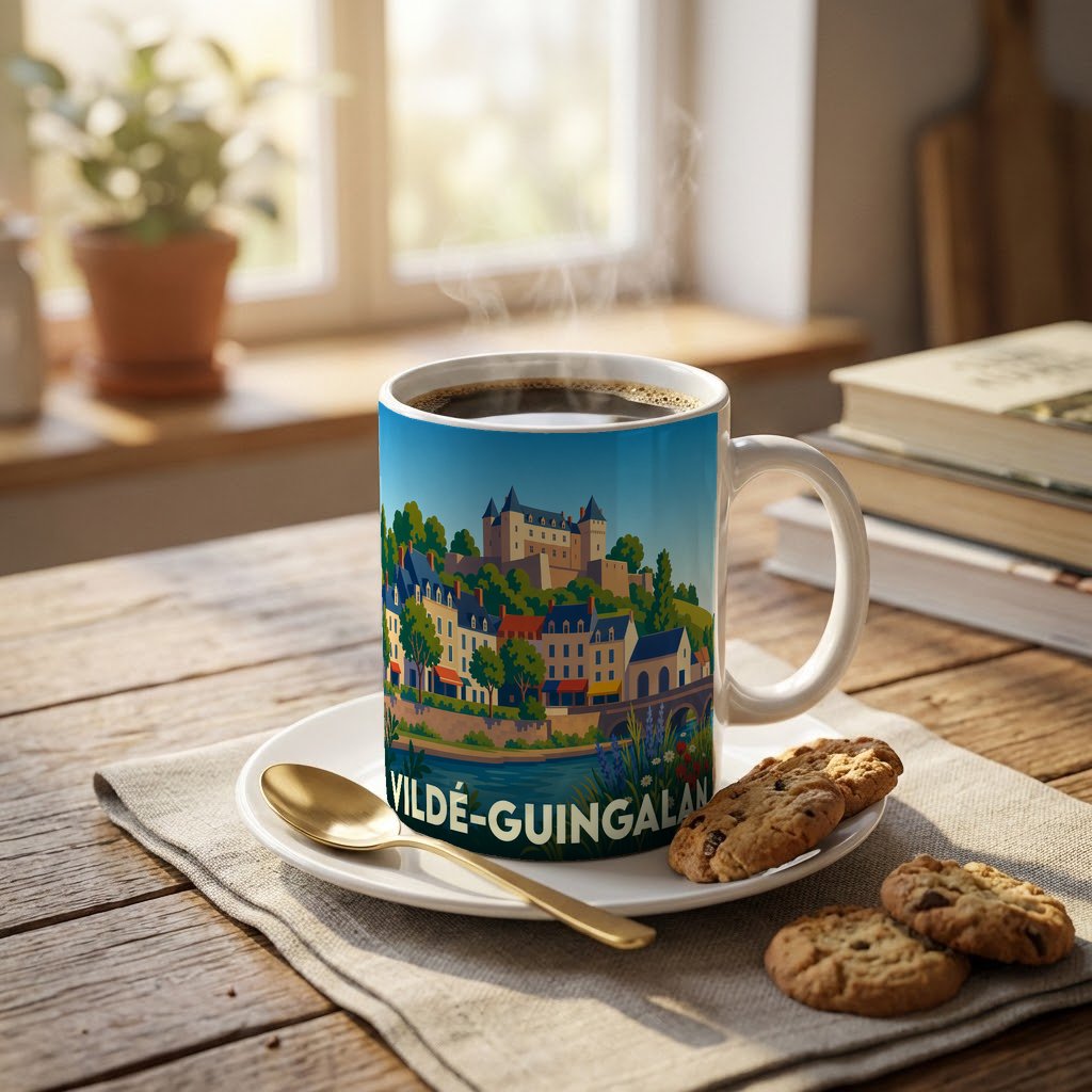 Mug souvenir de la ville de Vildé-Guingalan illustré d'un paysage urbain coloré surplombé par un château.
