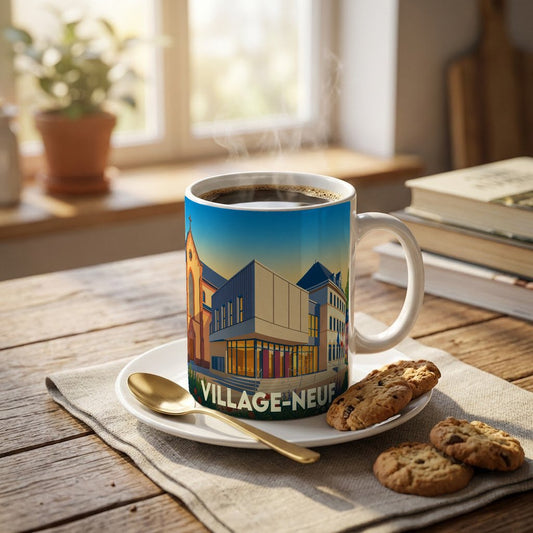 Mug souvenir de la ville de Village-Neuf avec une illustration colorée et stylisée de son architecture.