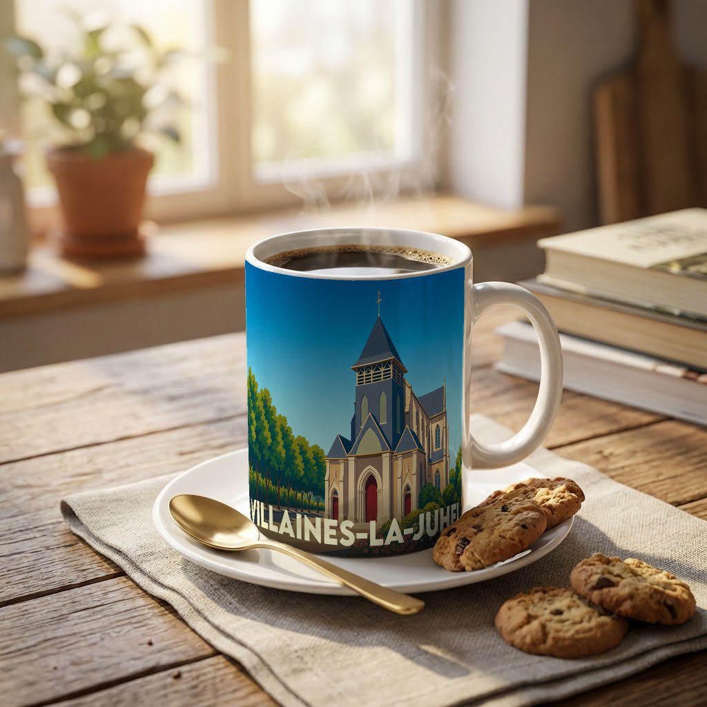 Mug souvenir de la ville de Villaines-la-Juhel orné d'une illustration stylisée de son église.