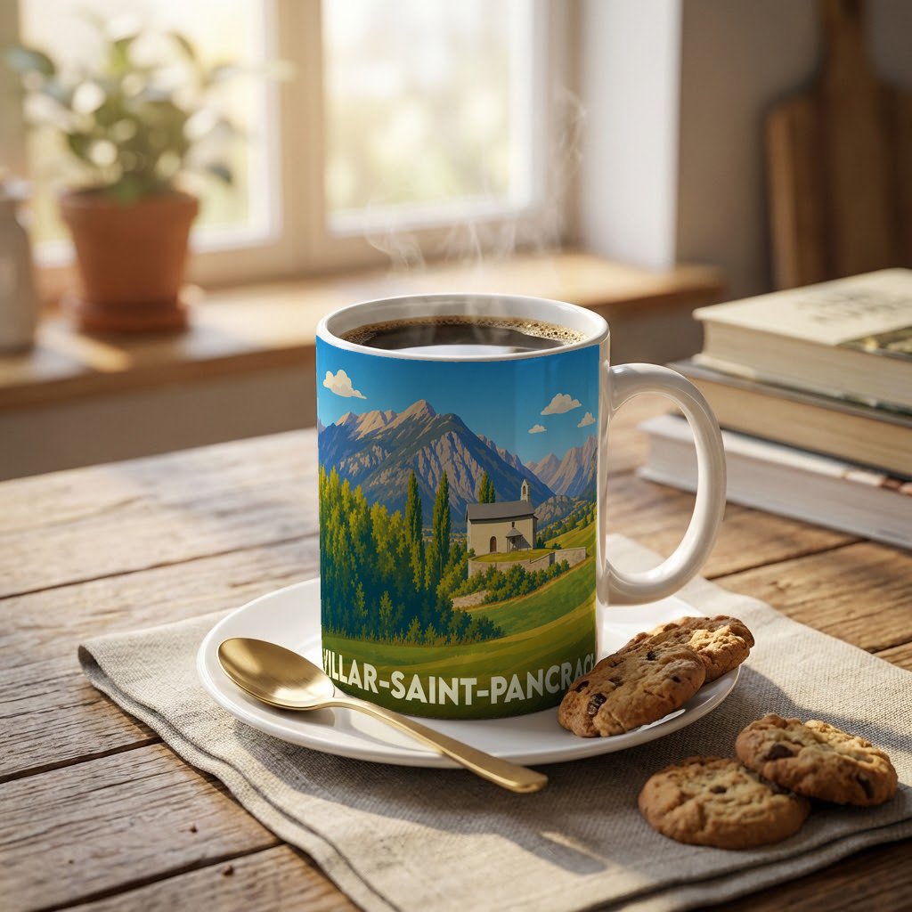 Mug souvenir de la ville de Villar-Saint-Pancrace avec une illustration de montagne et d'église.