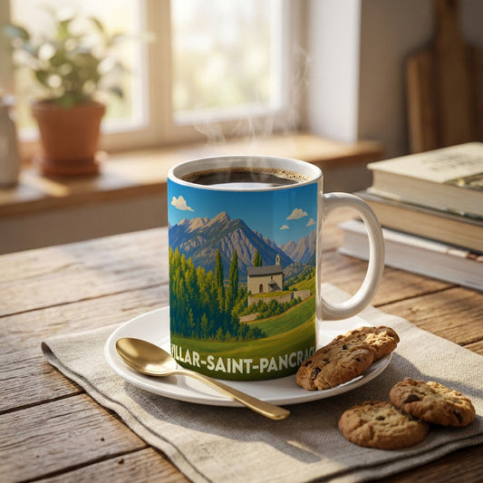 Mug souvenir de la ville de Villar-Saint-Pancrace avec une illustration de montagne et d'église.