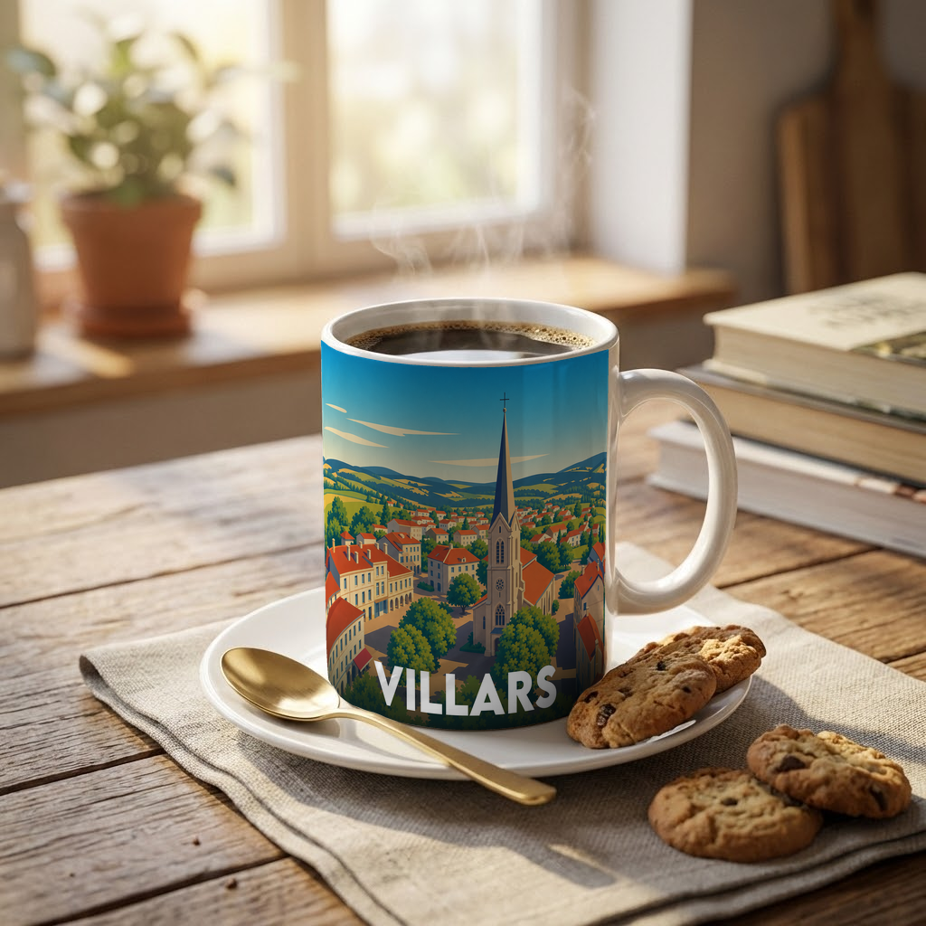 Mug souvenir de la ville de Villars avec une illustration stylisée.