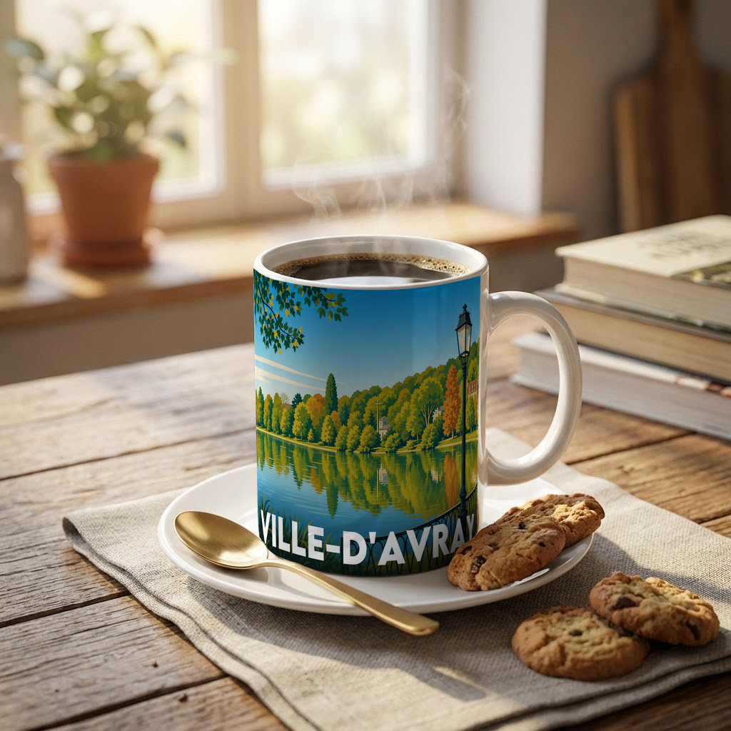 Mug souvenir de la ville de Ville-d'Avray illustré par un paysage lacustre paisible.
