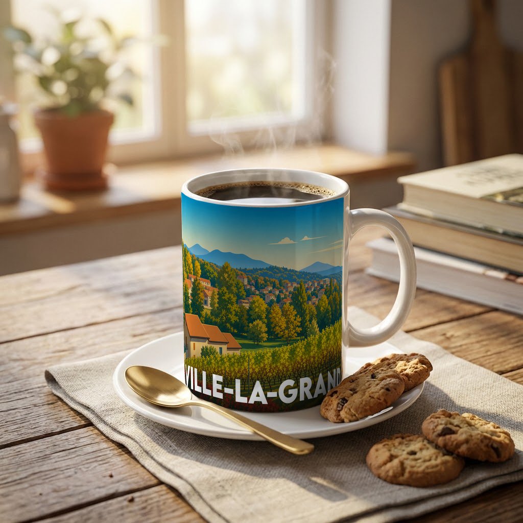 Mug souvenir de Ville-la-Grand orné d'une illustration paysagère stylisée.