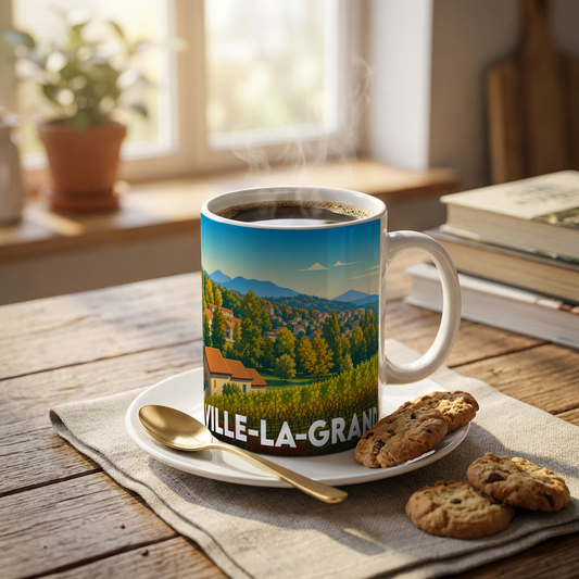 Mug souvenir de Ville-la-Grand orné d'une illustration paysagère stylisée.