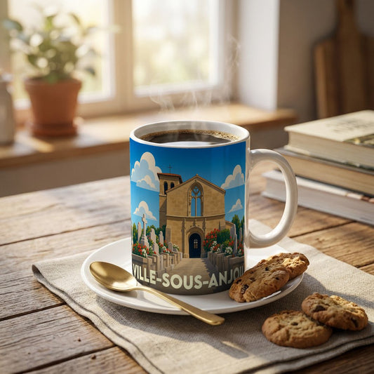 Mug souvenir de la ville de Ville-sous-Anjou orné d'une illustration stylisée de son église.