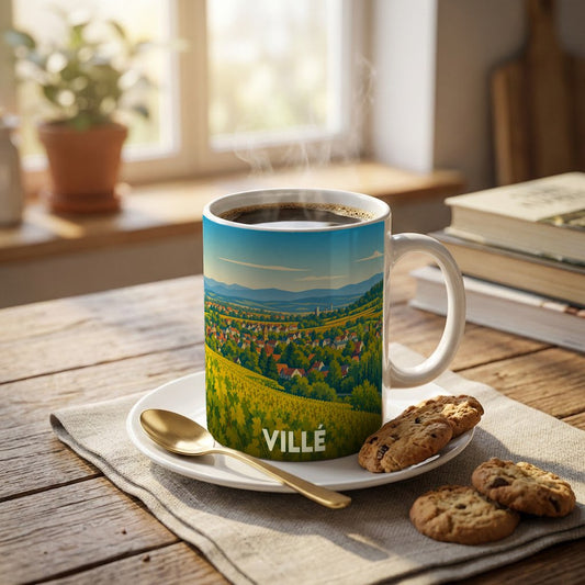 Mug souvenir de la ville de Villé orné d'une illustration paysagère stylisée.