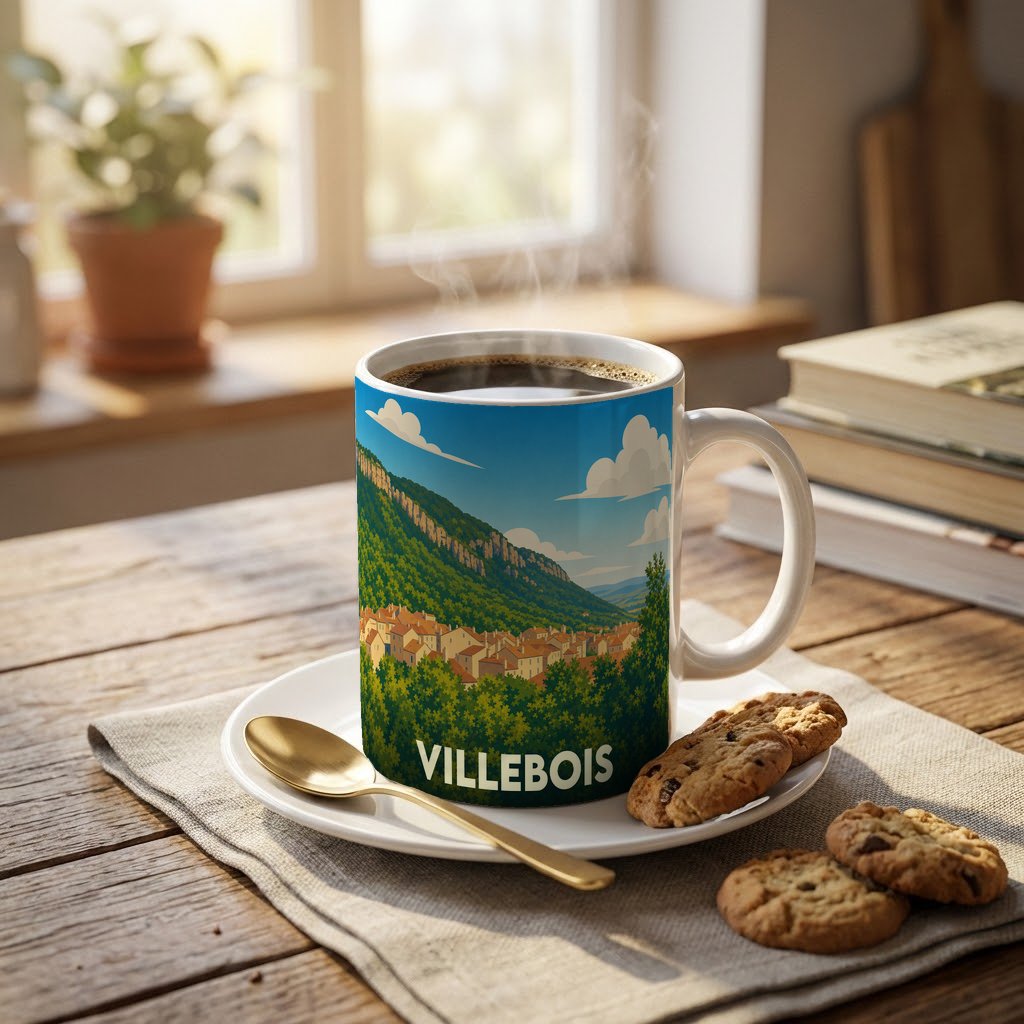 Mug souvenir de la ville de Villebois avec une illustration stylisée d'un paysage montagneux.