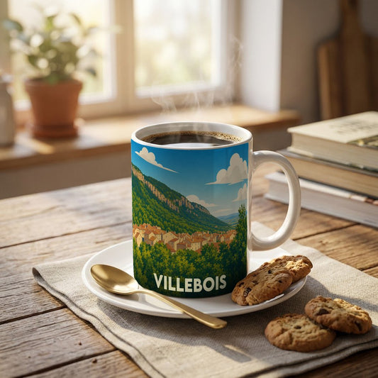 Mug souvenir de la ville de Villebois avec une illustration stylisée d'un paysage montagneux.