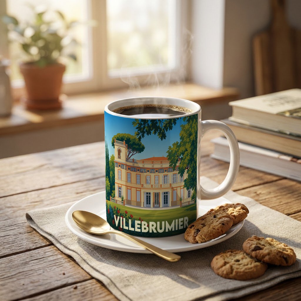 Mug souvenir de la ville de Villebrumier orné d'une illustration stylisée de son château.