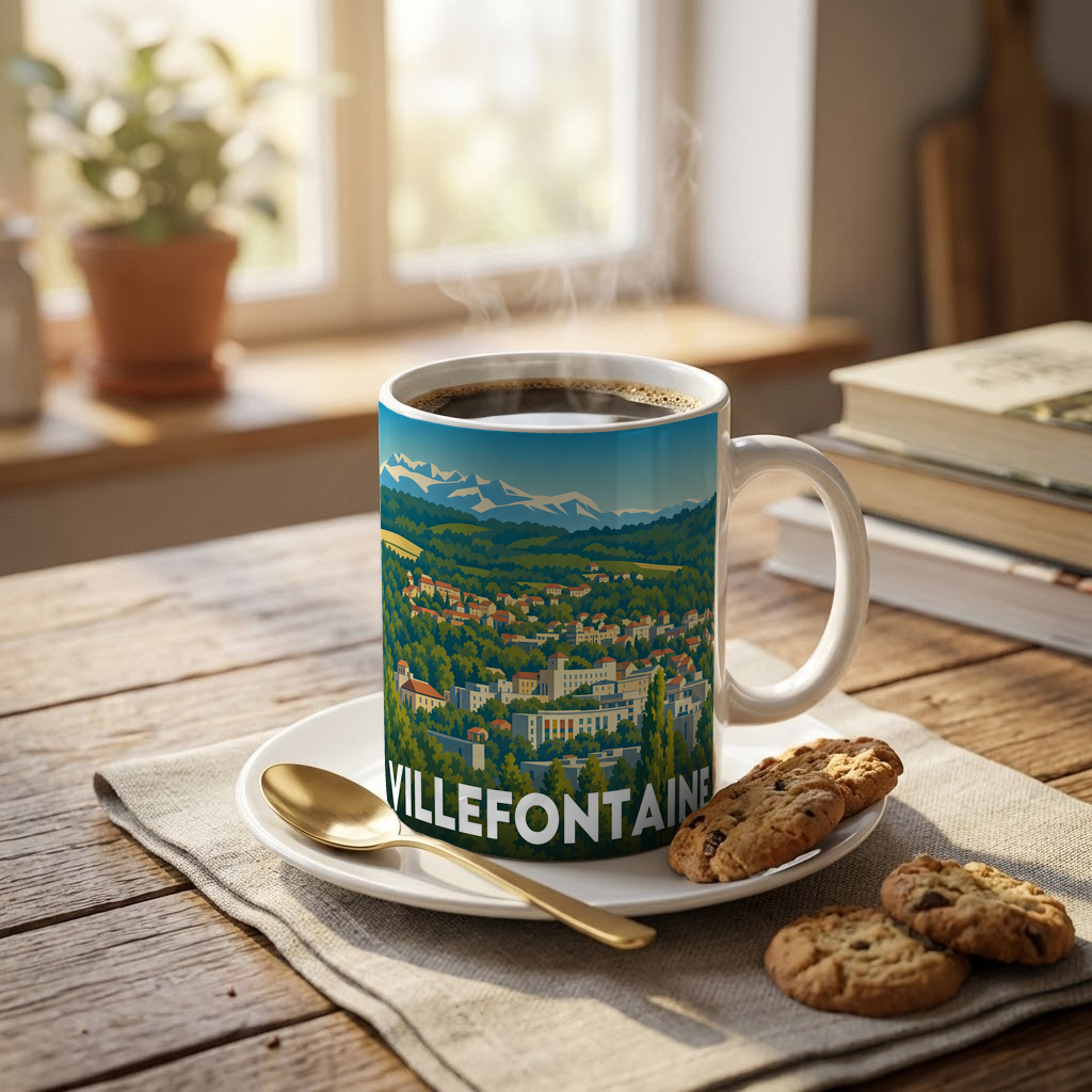 Mug souvenir de la ville de Villefontaine avec une illustration panoramique stylisée.