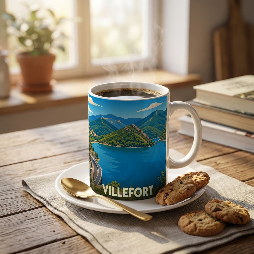 Mug souvenir de Villefort orné d'une illustration stylisée de son lac et de ses montagnes environnantes.
