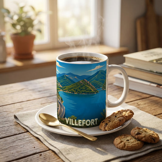 Mug souvenir de Villefort orné d'une illustration stylisée de son lac et de ses montagnes environnantes.