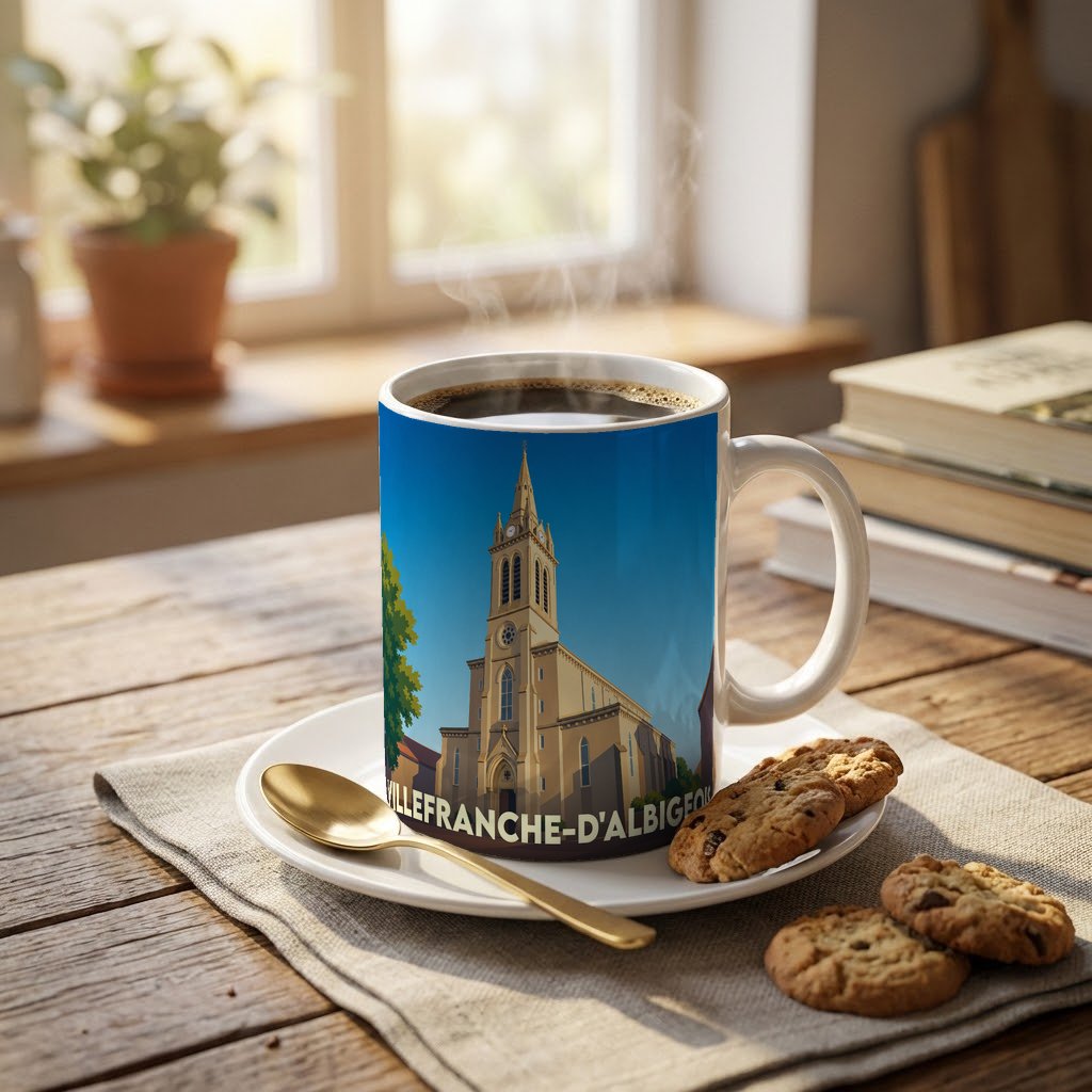 Mug souvenir de la ville de Villefranche-d'Albigeois orné d'une illustration stylisée de son église.