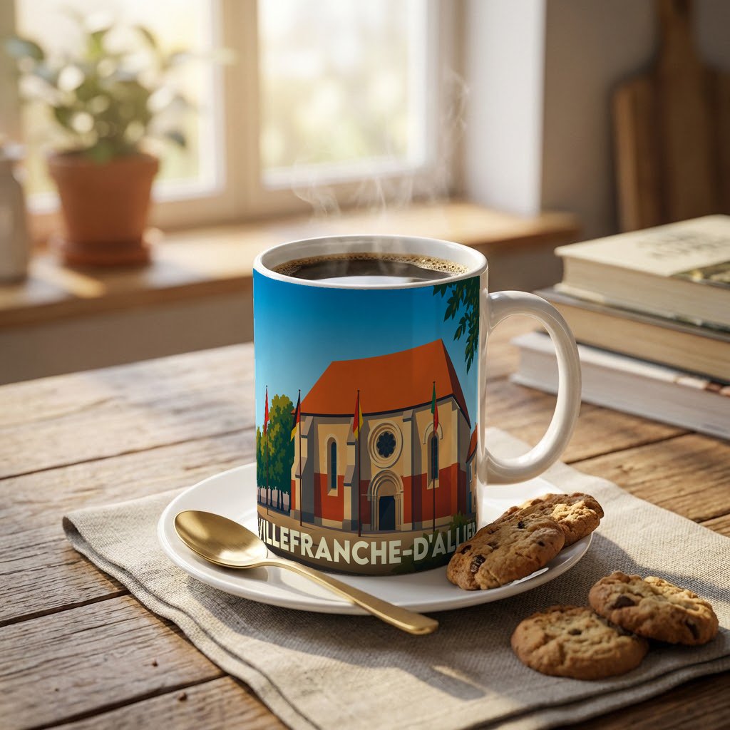 Mug souvenir de la ville de Villefranche-d'Allier orné d'une illustration stylisée de son église.
