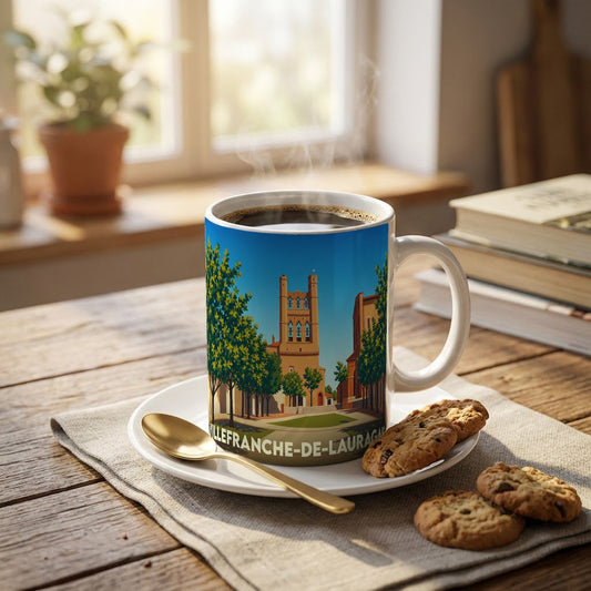 Mug souvenir de la ville de Villefranche-de-Lauragais avec une illustration stylisée de son église et de ses rues.