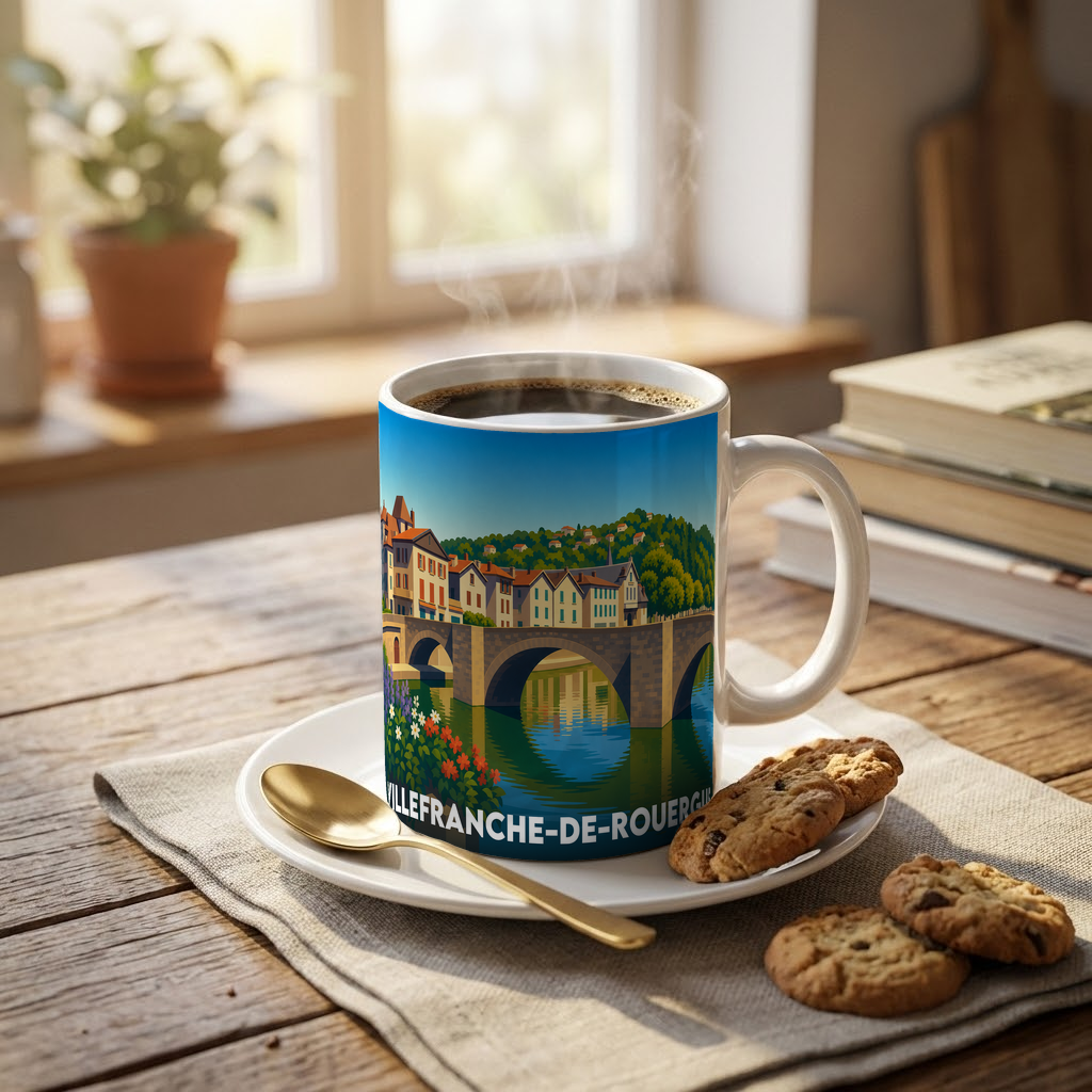 Mug souvenir de la ville de Villefranche-de-Rouergue avec une illustration stylisée.